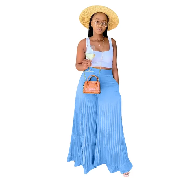 Women's Summer Pleated Chiffon Solid Color Wide leg Pants Sky Blue - Shop at LoveMi