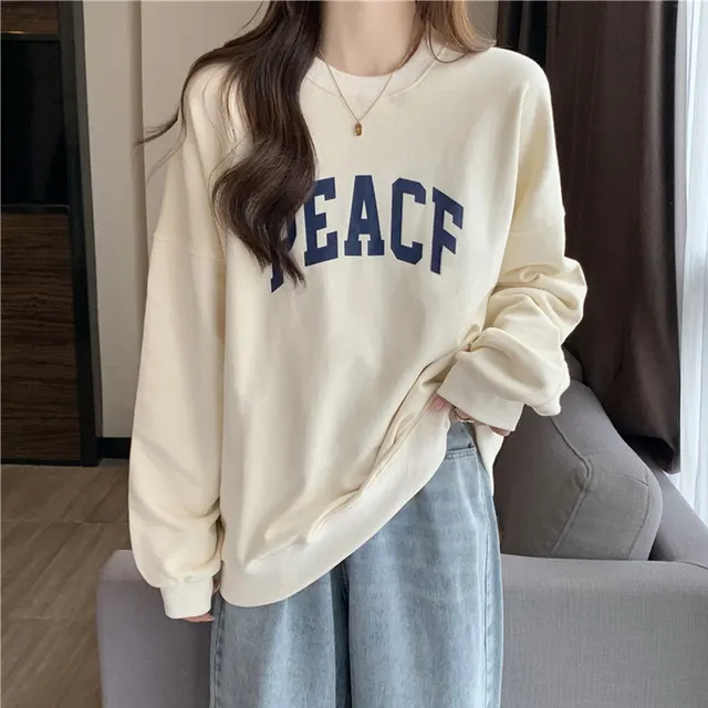 Hoodless Sweater Student Loose Long sleeved Couple's Top Beige Thin - Shop at LoveMi