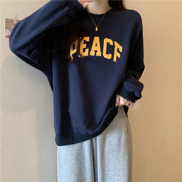 Hoodless Sweater Student Loose Long sleeved Couple's Top Dark Blue Thin - Shop at LoveMi