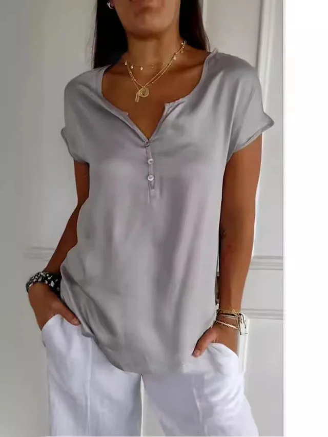 Summer European And American Ladies Temperament Commute Loose Casual Simple Commute Short Sleeve Top Gray - Shop at LoveMi