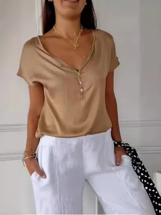 Summer European And American Ladies Temperament Commute Loose Casual Simple Commute Short Sleeve Top - Light Brown