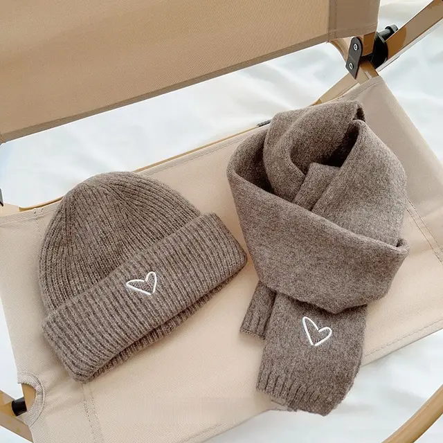 Heart Embroidery Solid Color Children Woolen Knitted Hat Khaki Suit - Shop at LoveMi