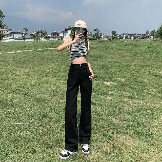 Straight Cargo Pants Women's High Waist Loose Black Trousers - Shop at LoveMi