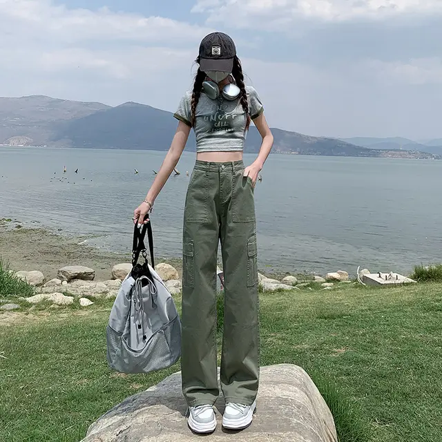 Straight Cargo Pants Women's High Waist Loose Grass Green Trousers - Shop at LoveMi