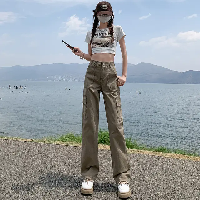 Straight Cargo Pants Women's High Waist Loose Khaki Lengthened - Shop at LoveMi
