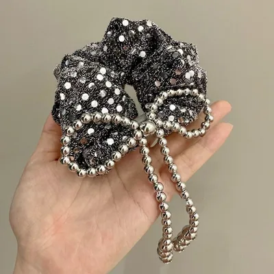 Bow Large Intestine Hair Band Silver Dots Retro Silver Hair Ring - Shop at LoveMi