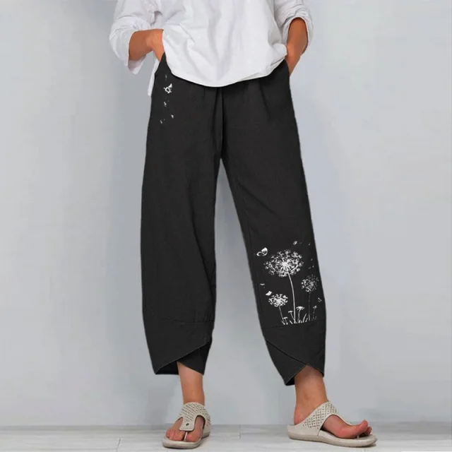 Slub Linen Loose Fashion Digital Printing Casual Pants Black Dandelion - Shop at LoveMi
