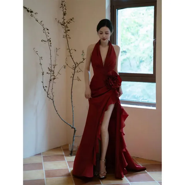 Socialite Style Wine Red Elegant Halter Bride Wedding Toast Dress Red - Shop at LoveMi