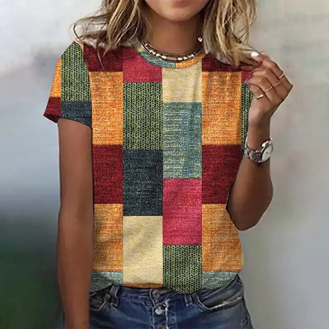 European And American Leisure Color Checkered Short Sleeve Round Neck Top Color - Shop at LoveMi