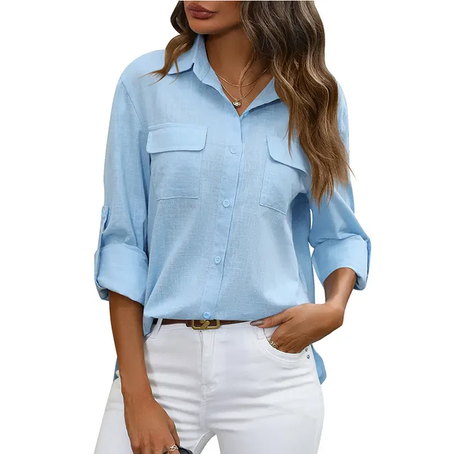 European And American Style Women Button Loose Shirt Solid Color Casual Blue - Shop at LoveMi