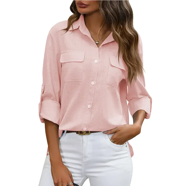European And American Style Women Button Loose Shirt Solid Color Casual Pink - Shop at LoveMi