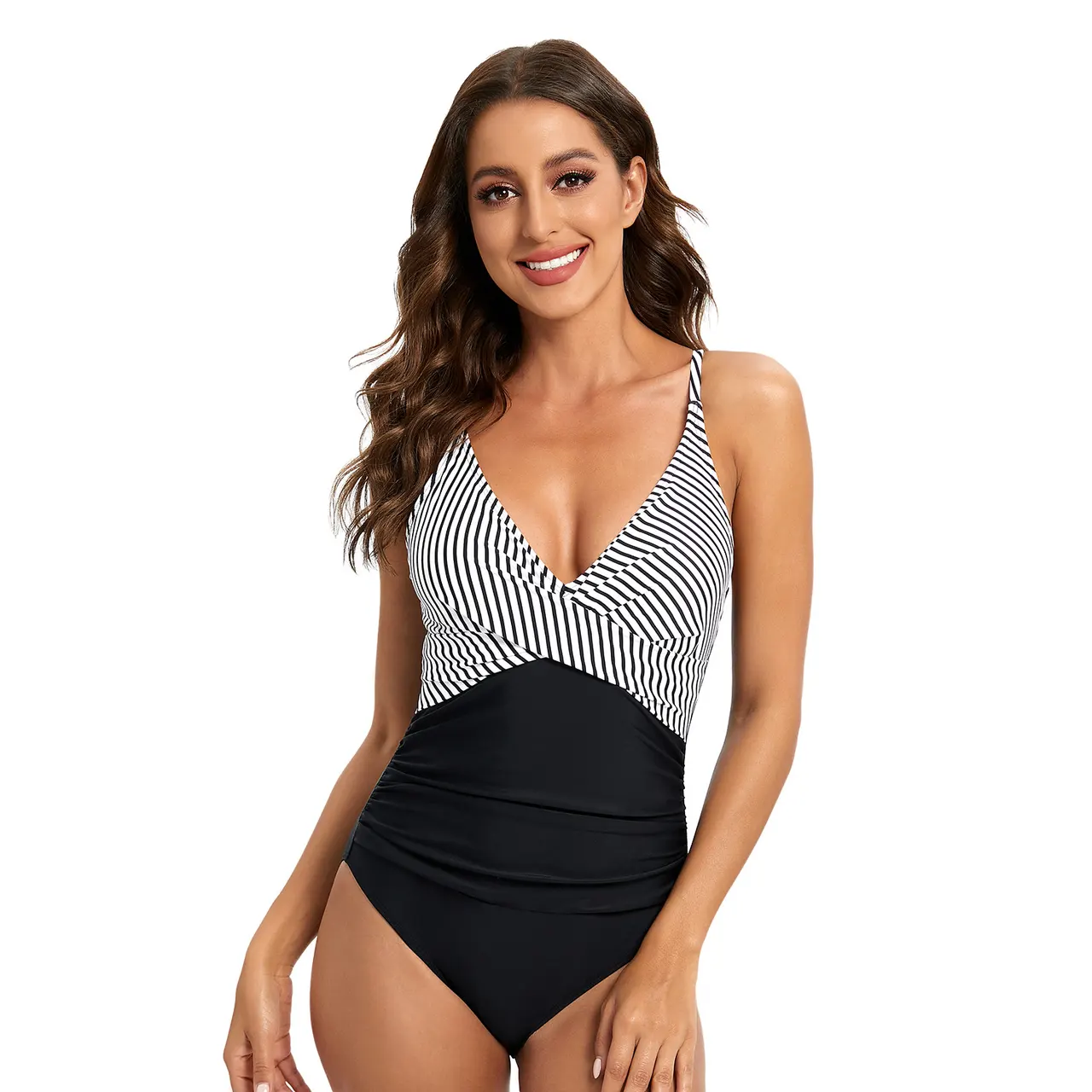 Striped Spaghetti Straps One-piece Swimsuit Sexy Backless Triangle Swimwear - Pinstripe Black