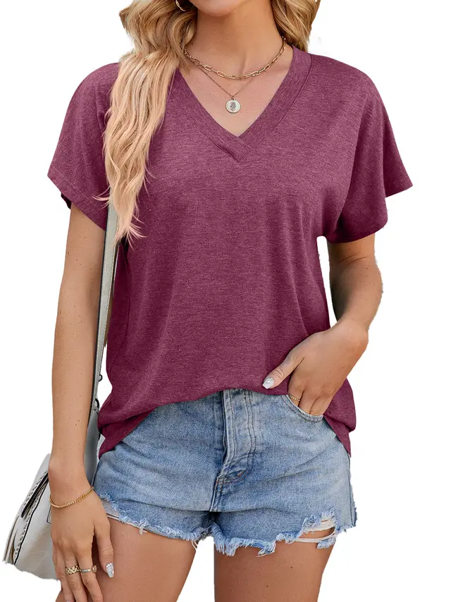 Summer Women's V neck Loose Short Sleeve T shirt Top Wine Red - Shop at LoveMi