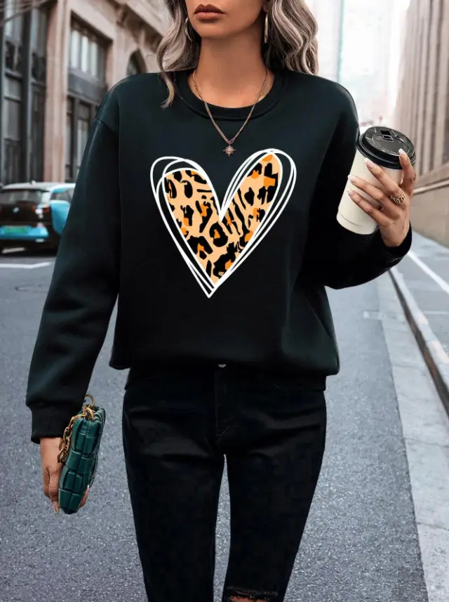 Women's Plus Size Solid Color Heart Leopard Print Sweater Black - Shop at LoveMi