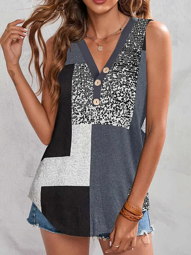 Casual V neck Sleeveless Regular Pullover Digital Printed Women's T shirt Gray Black Block - Shop at LoveMi