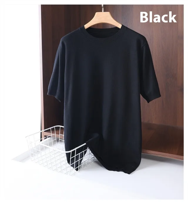 Men's Round Neck Pullover Thin Knitwear Short Sleeve Top Black - Shop at LoveMi