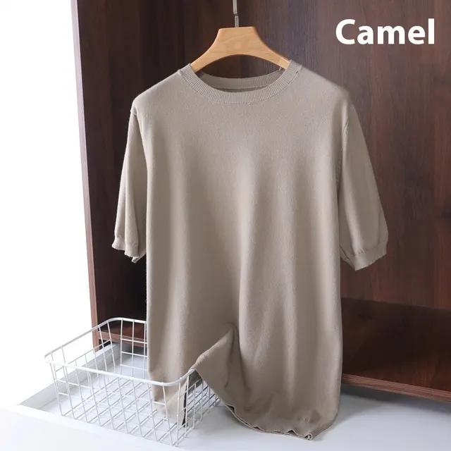 Men's Round Neck Pullover Thin Knitwear Short Sleeve Top Camel - Shop at LoveMi