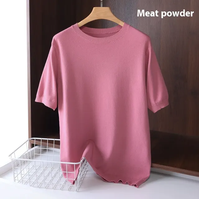 Men's Round Neck Pullover Thin Knitwear Short Sleeve Top Flesh Pink - Shop at LoveMi