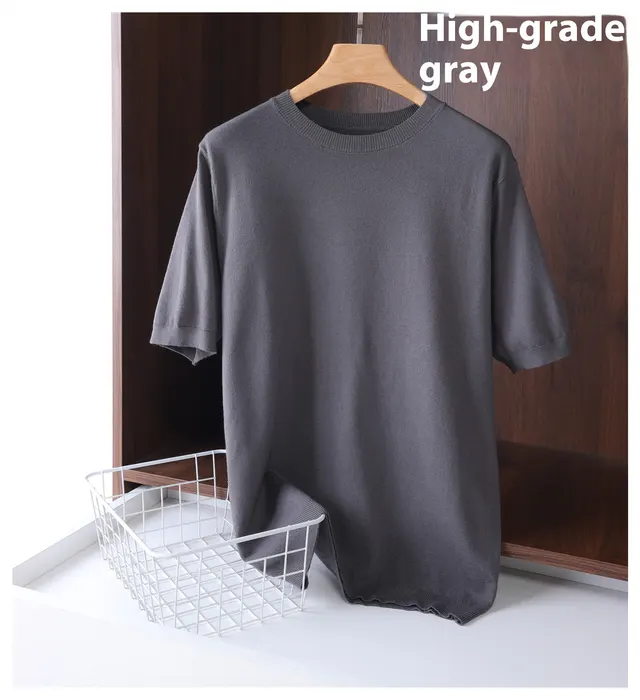 Men's Round Neck Pullover Thin Knitwear Short Sleeve Top High Grade Gray - Shop at LoveMi