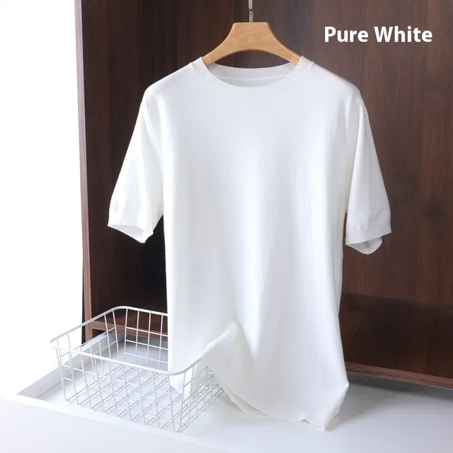 Men's Round Neck Pullover Thin Knitwear Short Sleeve Top White - Shop at LoveMi
