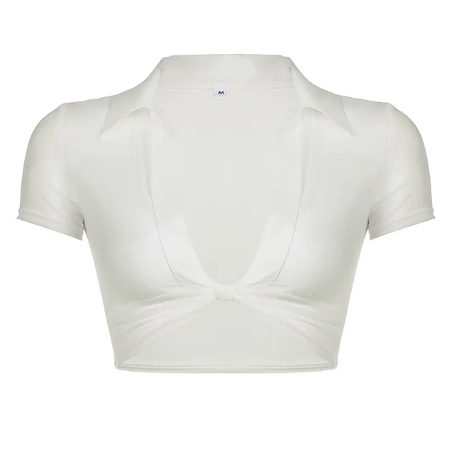 Chiffon See through Light Lapel Deep V Twisted Super Short Navel Personality Pullover Shirt For Women White - Shop at LoveMi