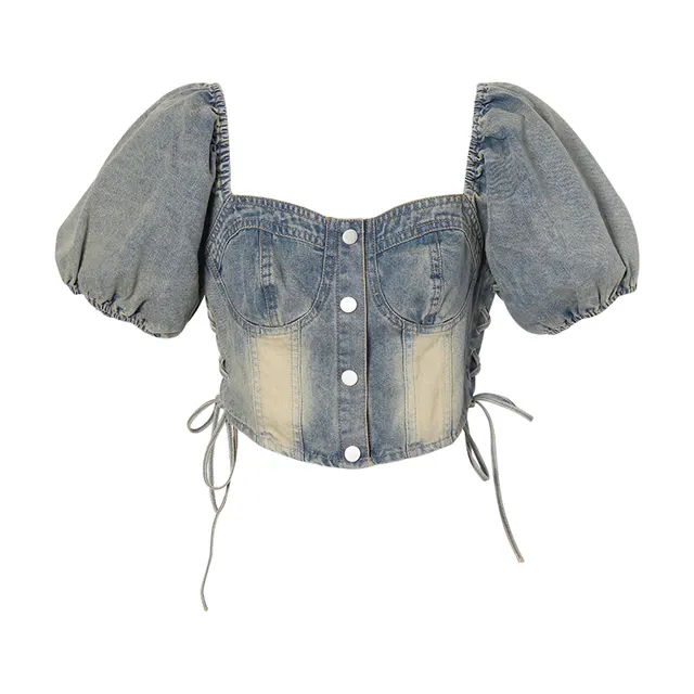 Lace up Smocking Waist Slim Fit Cropped Denim Top Blue - Shop at LoveMi