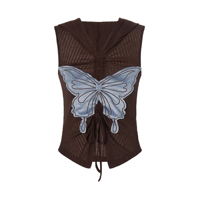 Retro Butterfly Affixed Cloth Embroidered Hoodie With Drawstrings Sleeveless T shirt Brown - Shop at LoveMi