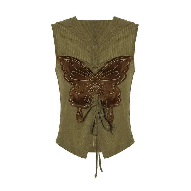 Retro Butterfly Affixed Cloth Embroidered Hoodie With Drawstrings Sleeveless T shirt Green - Shop at LoveMi
