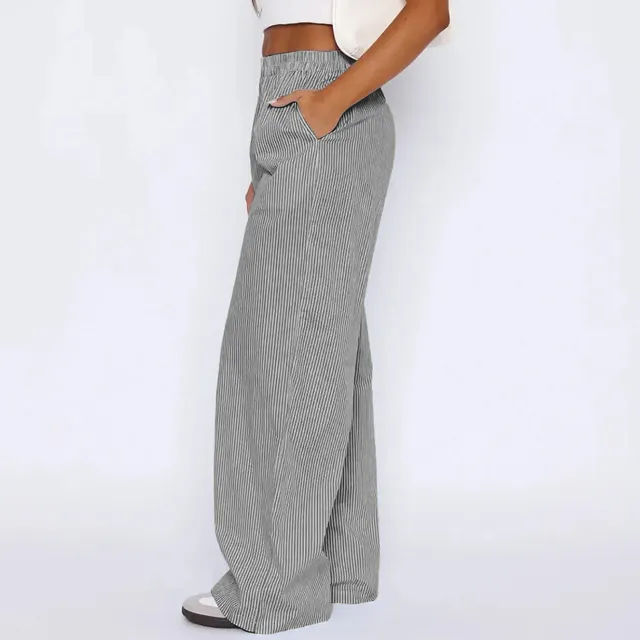 Striped Trousers With Pockets Ins Fashion Casual Wide Leg Straight Pants For Women Clothing Gray - Shop at LoveMi