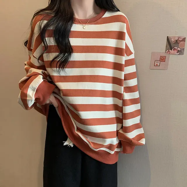 Retro Printed Crew Neck Sweatshirt Women Pink Striped - Shop at LoveMi
