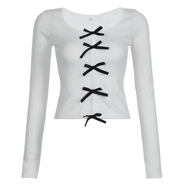 Bow Color Contrast Patchwork Base T shirt Openwork Knitted Top White - Shop at LoveMi