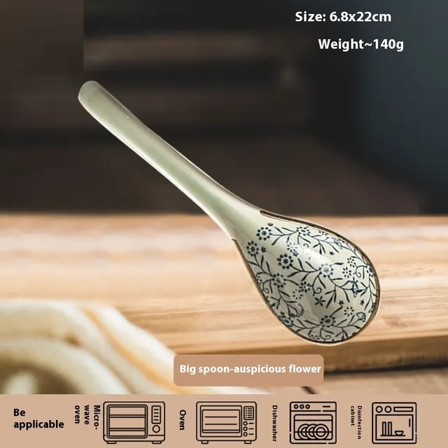 Household Ceramic Long Handle Scoop And Spoon Deep Mouth Soup Bowl Ladle Auspicious Flowers - Shop at LoveMi