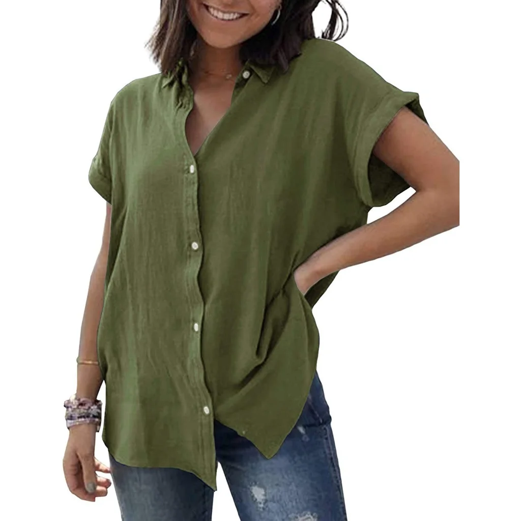 Casual Cotton And Linen Short Sleeve - Army Green