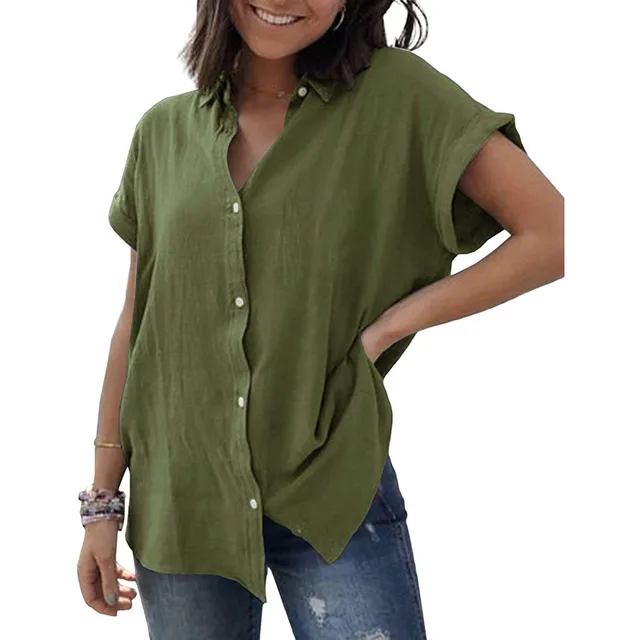 Casual Cotton And Linen Short Sleeve Army Green - Shop at LoveMi
