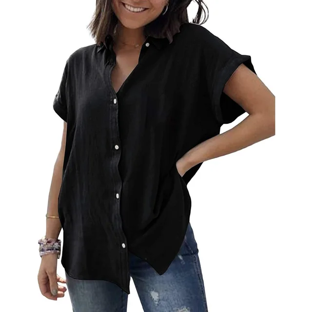 Casual Cotton And Linen Short Sleeve Black - Shop at LoveMi