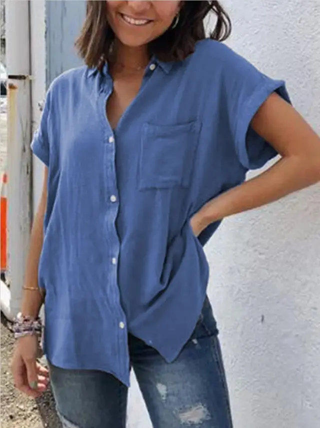 Casual Cotton And Linen Short Sleeve Blue - Shop at LoveMi