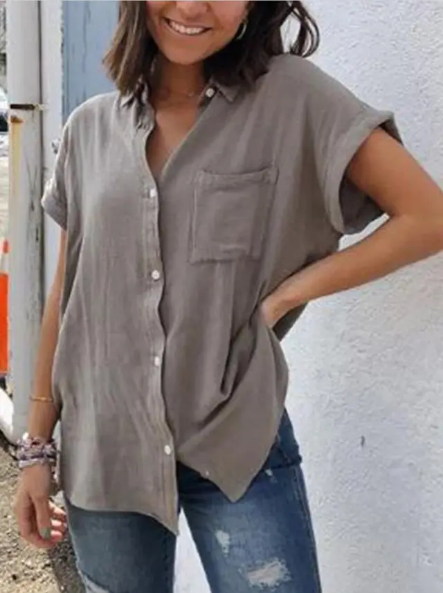 Casual Cotton And Linen Short Sleeve Brown - Shop at LoveMi