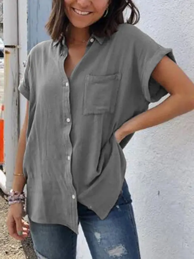 Casual Cotton And Linen Short Sleeve Gray - Shop at LoveMi