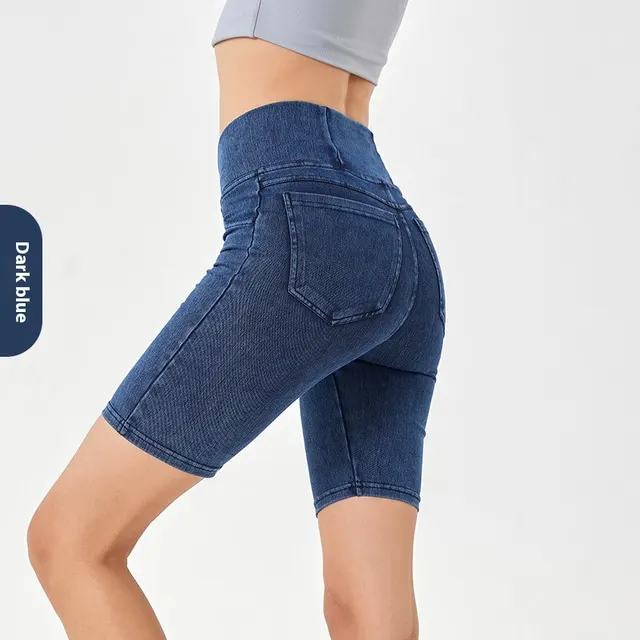 Cross High Waist Denim Shorts Women's High Elastic Sports Cycling Pants Dark Blue - Shop at LoveMi