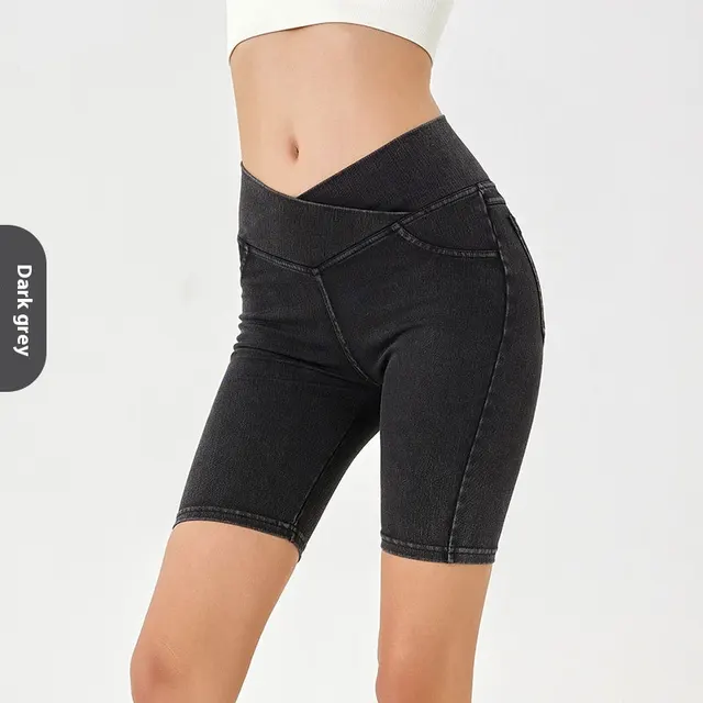 Cross High Waist Denim Shorts Women's High Elastic Sports Cycling Pants Dark Gray - Shop at LoveMi