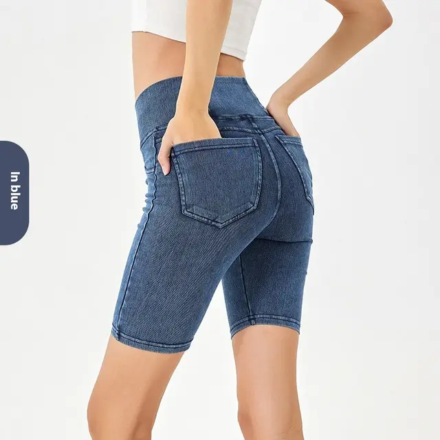 Cross High Waist Denim Shorts Women's High Elastic Sports Cycling Pants Smalt - Shop at LoveMi