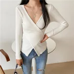 Women's Cross V-neck Long-sleeved T-shirt Inner Bottoming Sweater - White