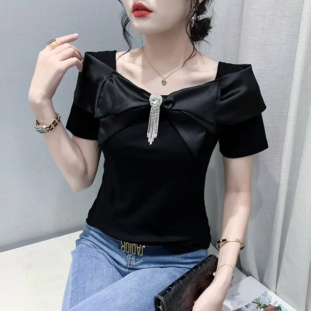Women's Design Sense Three dimensional Bow Waist Slimming Temperament Wild Short Sleeve Black - Shop at LoveMi