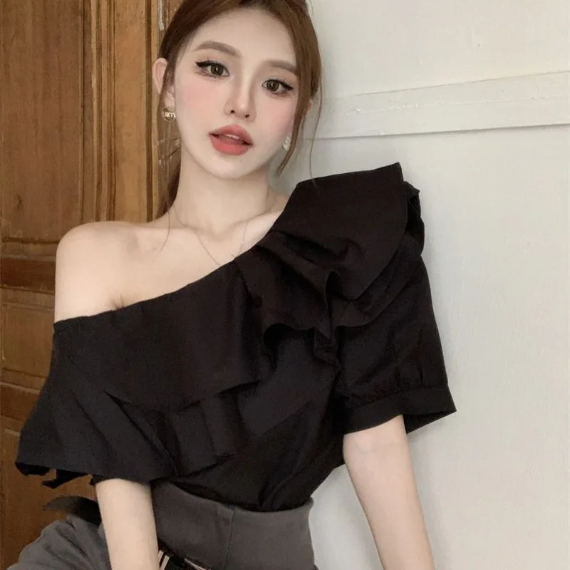 Women's Ruffled Off the shoulder Long Sleeve Design Elegant Socialite Shirt Black Short Sleeve - Shop at LoveMi