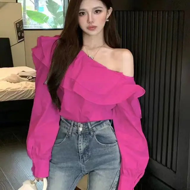 Women's Ruffled Off the shoulder Long Sleeve Design Elegant Socialite Shirt Rose Red - Shop at LoveMi