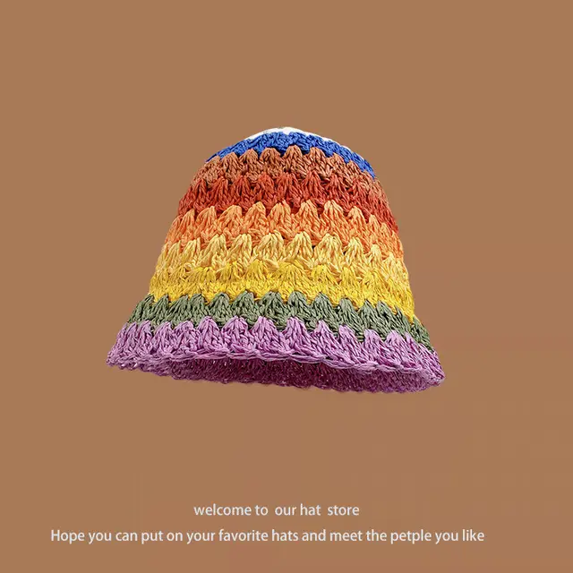 Sweet All matching Woven Straw Hat Female Seaside Sun proof Bucket Hat Rainbow Bucket Purple - Shop at LoveMi