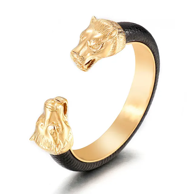 European And American Fashion & Trend Men's Punk Titanium Steel Wolf Head Open Leather Bracelet Gold - Shop at LoveMi