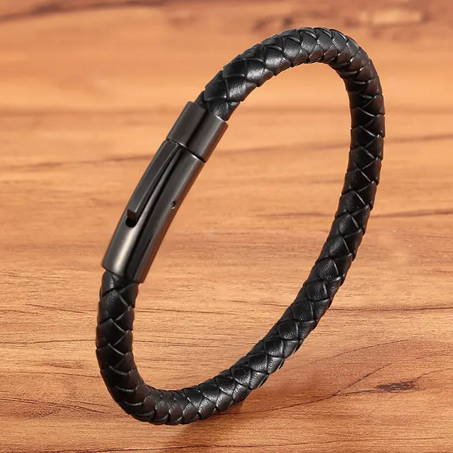 Titanium Steel Braided Leather Bracelet Black 21Cm - Shop at LoveMi