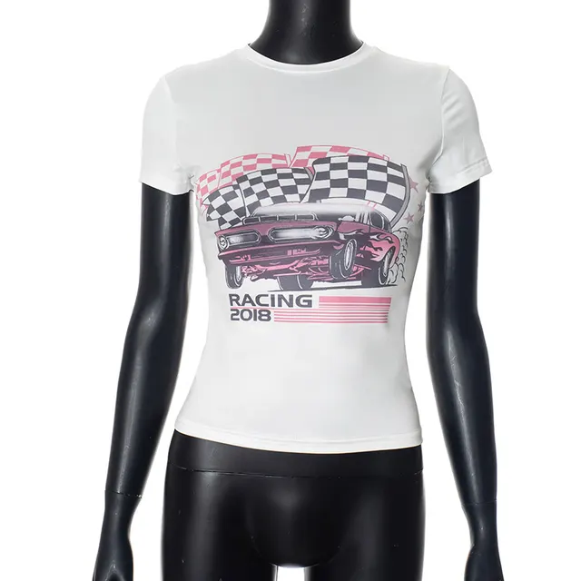 European And American Leisure Round Neck Cycling Printed Tight T shirt White - Shop at LoveMi