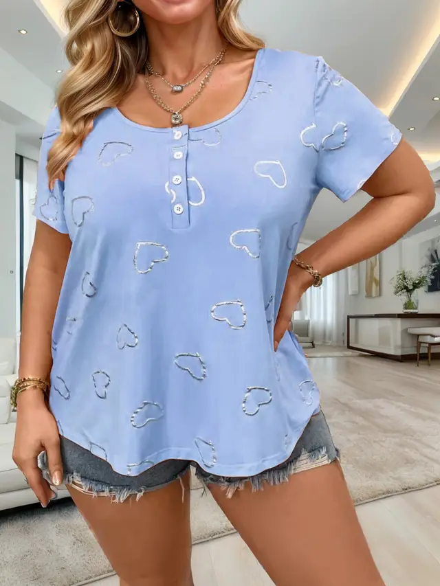 European And American Round Neck Button Heart Printing Short Sleeve Blue - Shop at LoveMi